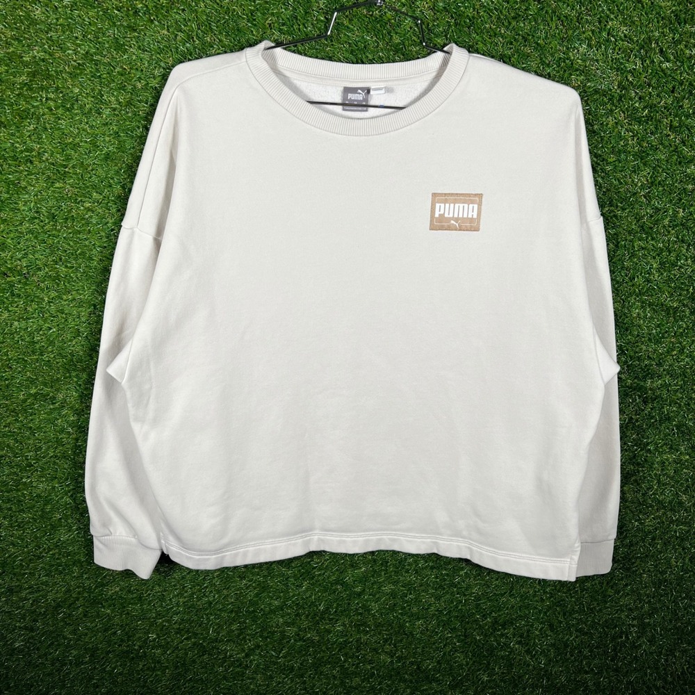 Puma Crewneck Sweatshirt‎ Mens XL Off White Cream Logo Pullover Fleece